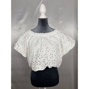NWT Jennifer & Grace White Eyelet Crop Top Puff Sleeve Cotton Blouse M